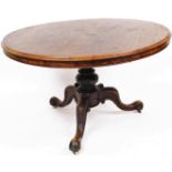 A 19thC tilt top mahogany breakfast table, the plain circular top with a moulded outline on a heavil