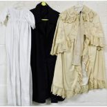 Various ladies fashion, an overcoat in blue 102cm, an early 20thC Christening gown with worked front