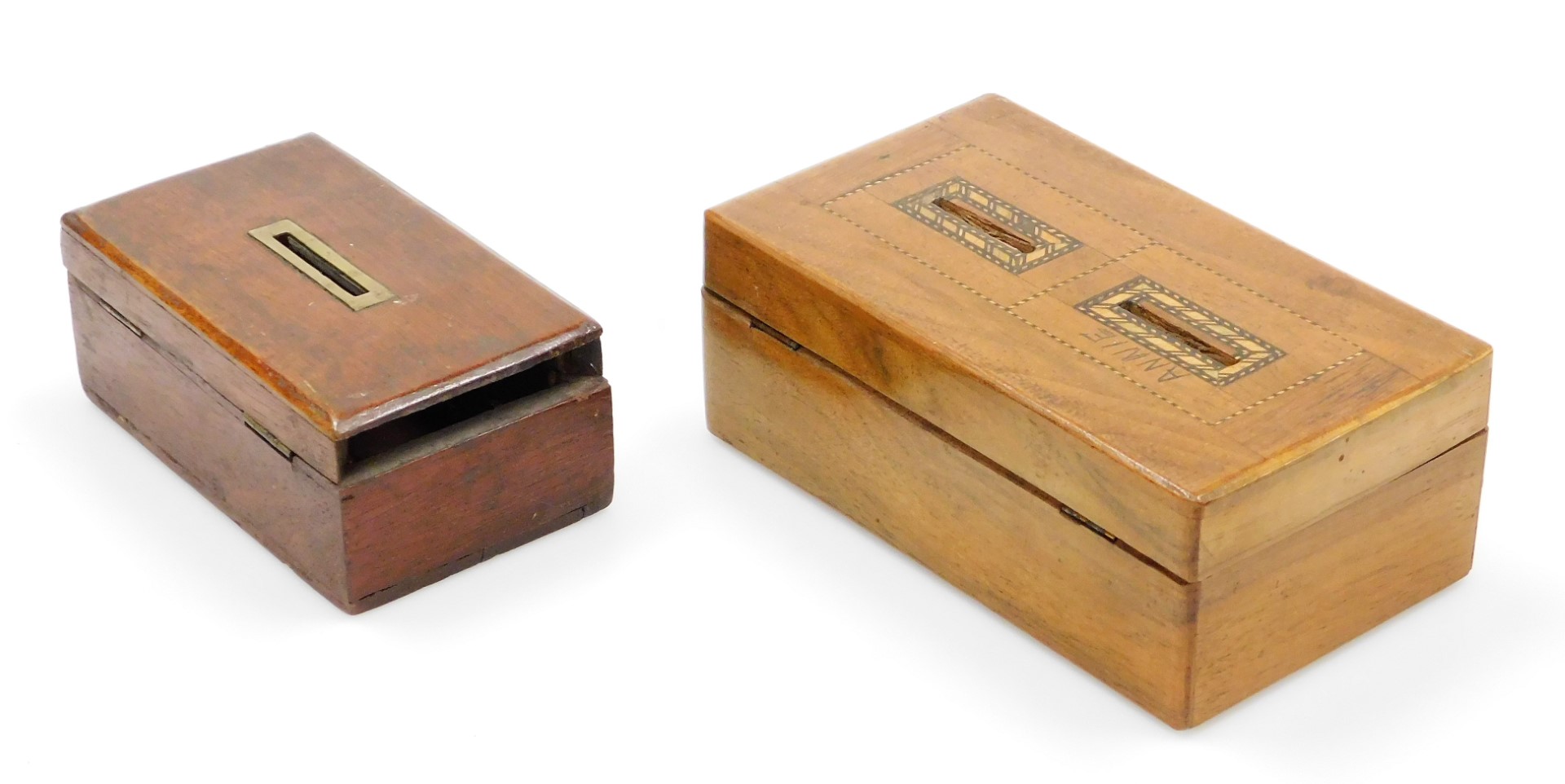 An Edwardian mahogany and boxwood strung double money box, of rectangular form, 18cm wide, various c - Image 7 of 8