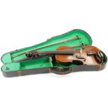 An early 20thC violin, with one piece back and four strings, the shaped 36cm wide case with a scroll