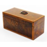An early 19thC yew wood and inlaid tea caddy, of rectangular form with metal handle, the lid with a