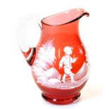 A late 19th/early 20thC Mary Gregory style cranberry glass vase, decorated with child in a naturalis