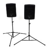 A Volt 100 watt PA system, comprising two speakers, 42cm high, with stands.