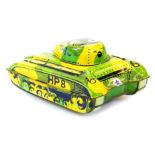 A child's tin plate toy tank with clockwork action, marked HP8, 7cm high. (lacking key)