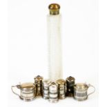 Various silver cruet items, pepper pots, salt pots, large perfume bottle with plated lid and glass s