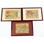 A set of three Japanese woodblock prints. Depicting a dancer with drum in a village; a mounted horse
