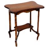 An Edwardian mahogany window table, of inverted rectangular form, on square legs, joined by an under