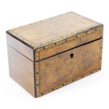 A 19thC walnut and Tunbridge tea caddy, of rectangular form, with an outer arrow banding and fitted