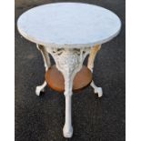 A pub table, with circular marble finish top, on classical mask legs, terminating in paw feet, joine