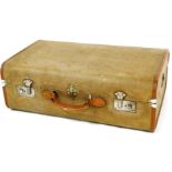 A vintage Over Pond plywood suitcase, with chrome locks and a dome top and pressed body, 61cm wide.