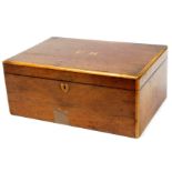 A 19thC mahogany vanity box, of rectangular form the lid with a cross banding initialled FH, blind f