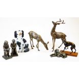 Various spelter metal and other figure groups, to include a pair of stag and hind groups, lurcher on