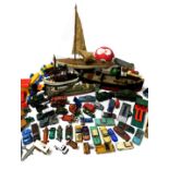 Various toys, games, die cast vehicles, a wooden model of ship titled London, 47cm wide, pond yacht,