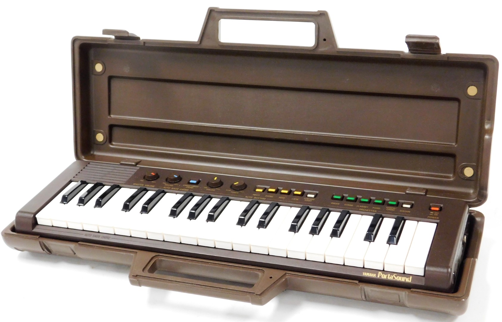 A Yamaha Portasound miniature keyboard, in fitted case, 51cm wide.