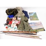 Various fishing related items, a bag containing various fishing flies, split cane rods, a part reel