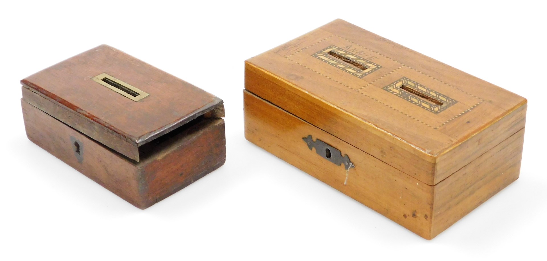 An Edwardian mahogany and boxwood strung double money box, of rectangular form, 18cm wide, various c - Image 6 of 8