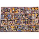 A 20thC Indian collage on material, set with various scenes of figures in colours, 81cm x 119cm.