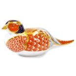 A Royal Crown Derby bird paperweight ornament, Imari pattern with gold stopper, 7cm high.