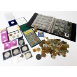 Various coins, collectable and others, cased crowns, Britain's first decimal coin set, various farth