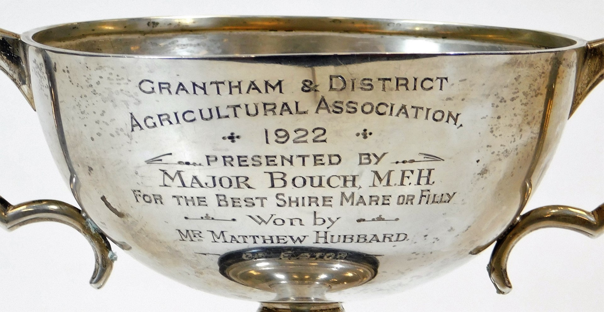 A George V silver trophy, of circular form with ear handles, on a turned stem and circular foot, mar - Image 2 of 4