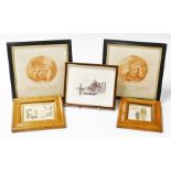 Various frames, etc., a birds eye maple frame, with Kate Greenaway style figure group, print 19cm x