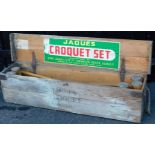 A Jaques pine cased croquet set, to include mallets, balls, hoops, etc., the case 110cm wide.