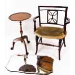 Various furniture in mahogany finish, a carver chair with wide oval seat, on turned front with cylin