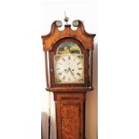 A 19thC oak and mahogany longcase clock, with swan neck pedimented hood, set with brass roundels and