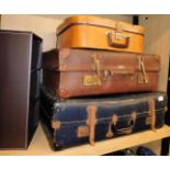 Three various vintage travel cases, to include Spinney, etc., the blue case 65cm wide.