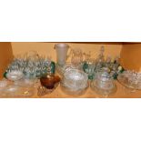 Various moulded glassware, amber coloured glass dish, various open salts, drinking glasses, bowls, d