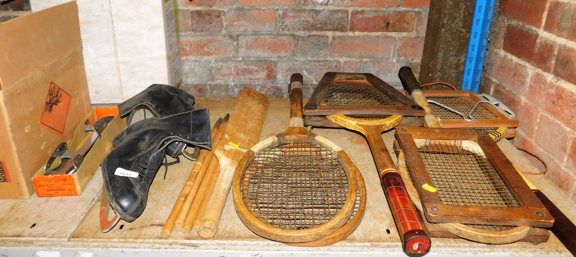 Bygones, collectables, ice skates, 23cm high, tennis rackets with stretchers, vintage table tennis s