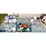 Various household glassware, commemorative crowns, silver plated dish, drinking glasses, dimple glas