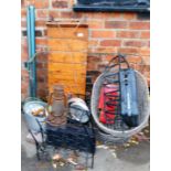A brass and mesh work fire guard, tilly lamp 40cm high, mesh metal agricultural boxes, work bench, c
