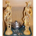 Two resin Oriental figures, and various silver plated ware, grapefruit spoons, teapot, etc. (1 tray)