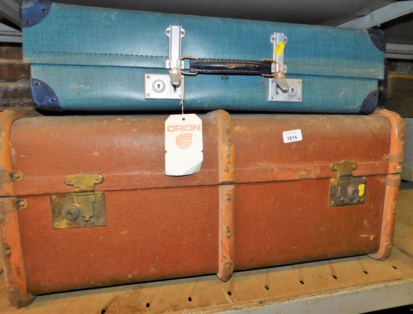 A wooden bound dome top travel trunk, 75cm wide, and another travel case. (2)