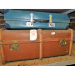 A wooden bound dome top travel trunk, 75cm wide, and another travel case. (2)