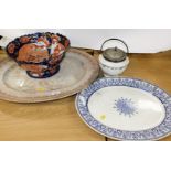 A late 19thC meat plate, of oval form with drainer, a transfer printed meat platter, footed bowl, an