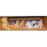Various soft toys, mid 20thC plush jointed Teddy bear, Celluloid and other dolls, various other Tedd