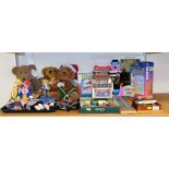 Various games, soft toys, Bertie Bassett advertising money box, playing cards, Jenga, soft toys, Ted