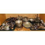Various silver plated ware, serving pieces, pewter, shaped footed silver plated dish, part cruet set