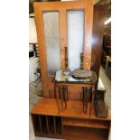 A pine door, 210cm high, 86cm wide, 5cm deep, hanging mirror, TV stand, nest of tables, wire work ne
