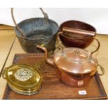 An early 20thC copper kettle, of oval form, a plain oval treen bowl, chestnut roaster and a brass ja