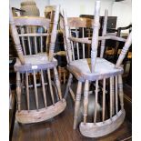 A set of four spindle back kitchen chairs, with triple ring turned supports, joined by H stretchers,