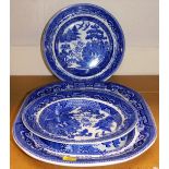 Various Willow pattern, two plates and a meat platter. (3)