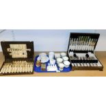 Various decorative china and effects, Deco style toast rack and two canteens of cased cutlery. (a qu