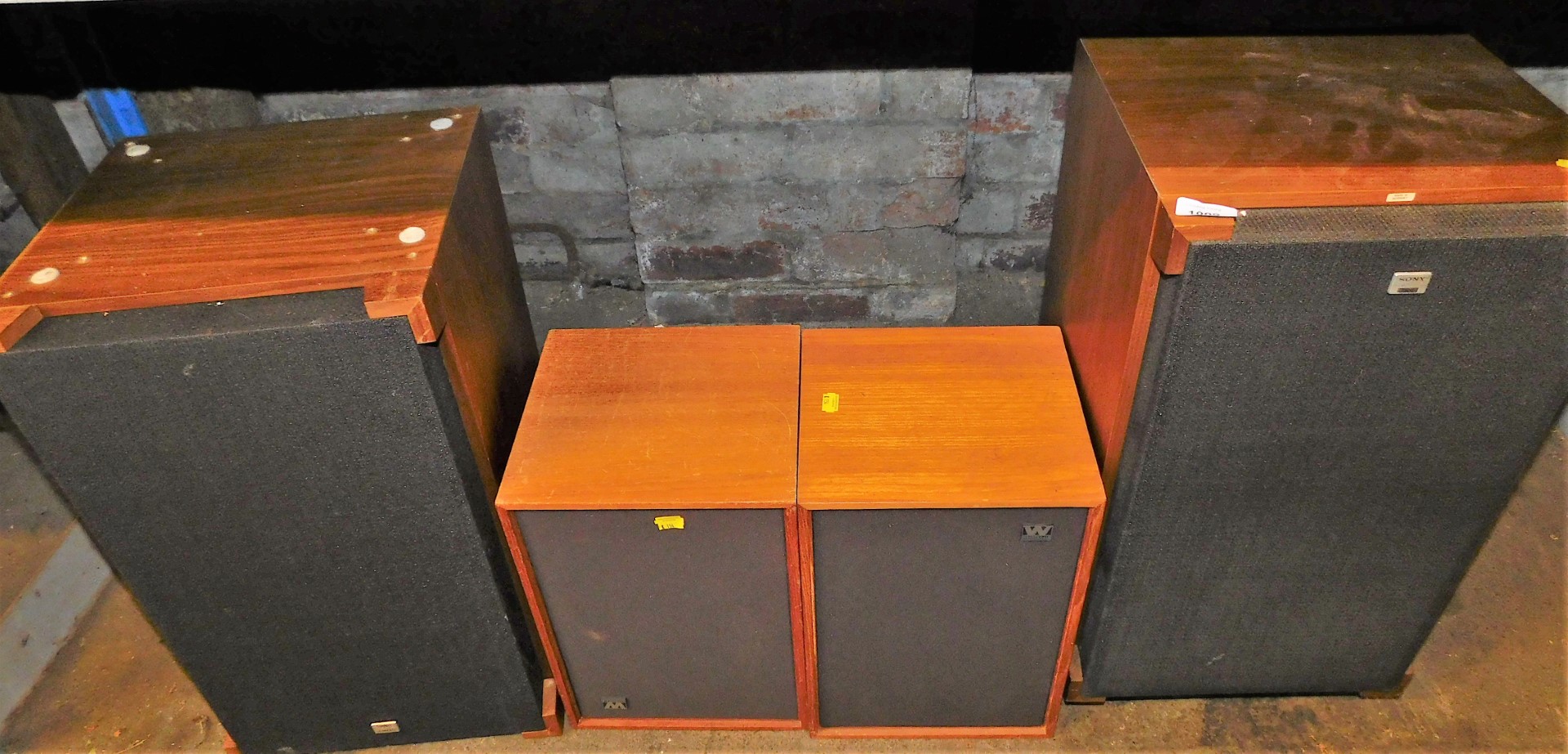 A Sony Norwegian 5300 speaker set, 70cm high, and two other smaller Wharfedale speakers.