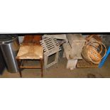 Various wicker baskets, rush seated stool, 45cm high, metalware, folding stool, etc. (a quantity)