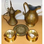 A reproduction brass cased ship style barometer, an Eastern water kettle, heavily hammered jug, plat