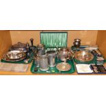 Various silver plated ware, cased cutlery, galleried dish, part tea service, dressing table set, ope