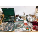 Various silver plated ware, flatware, cased cutlery set, pottery animals, Geenty fisherman figure, a
